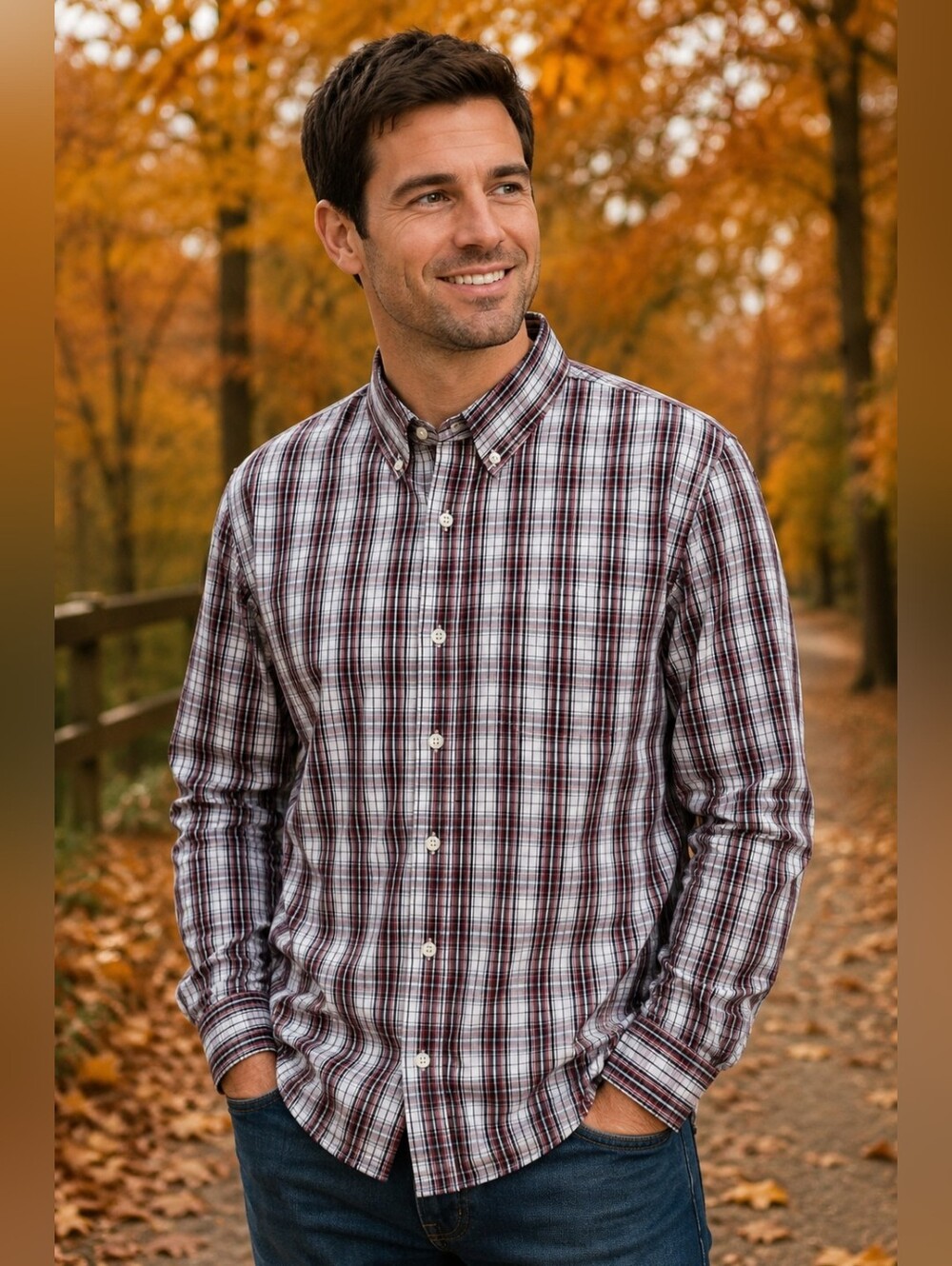 Men's Burgundy & White Plaid Button-Down Shirt